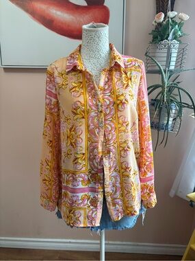 Timing Peach and Pink Baroque-Print Button Down Shirt